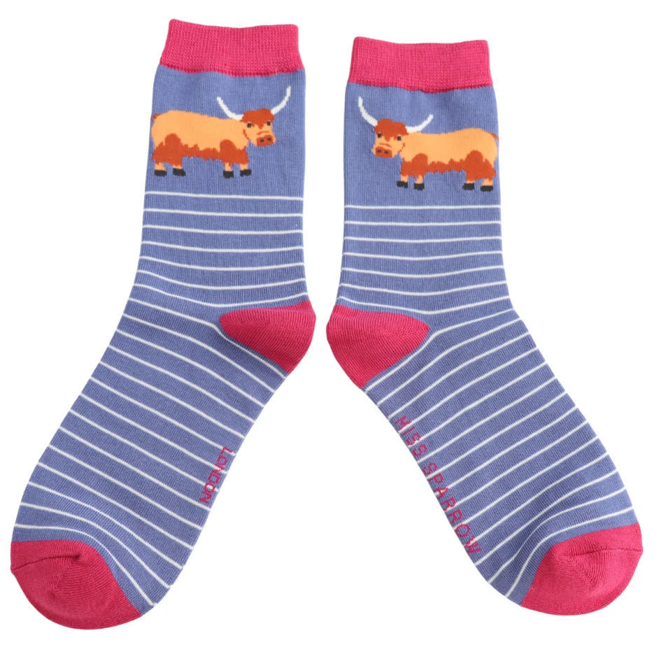 Miss Sparrow Highland Cow & Stripes Socks Denim