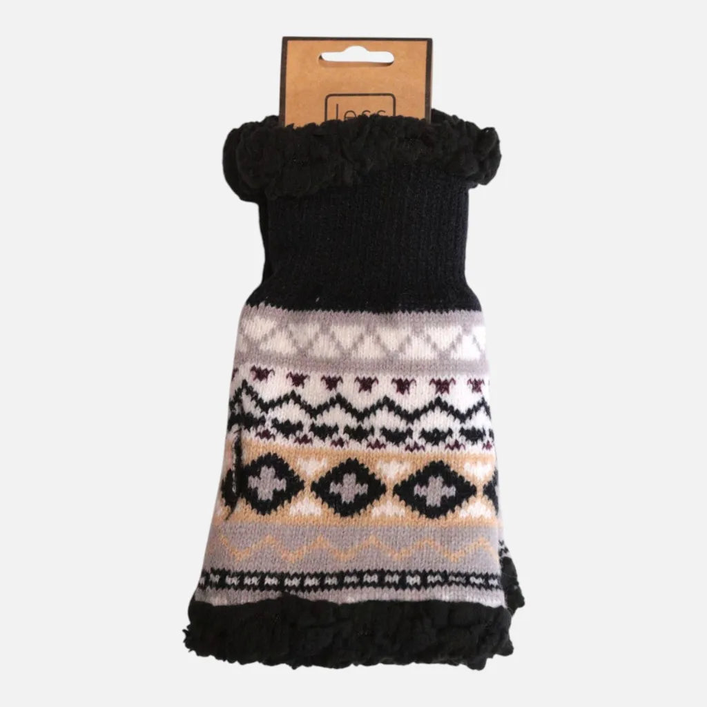 Jess & Lou Black Beige and Cream Nordic Fingerless Gloves
