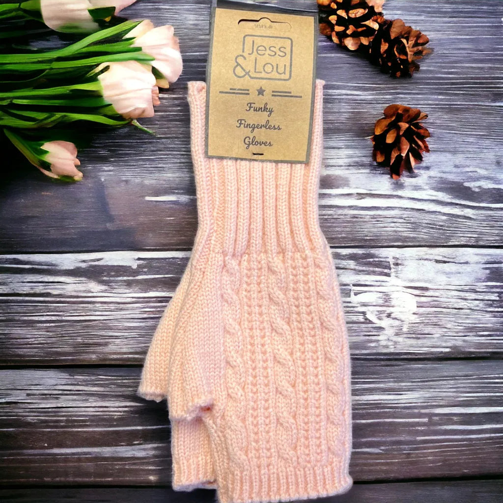 Jess & Lou Pink Fingerless Cable Knit Gloves