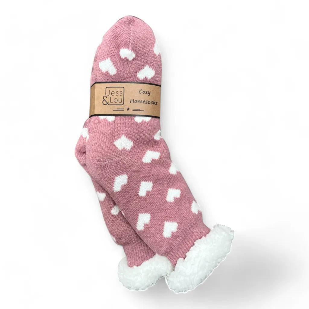 Jess & Lou Pink & White Heart Cosy Slipper Socks