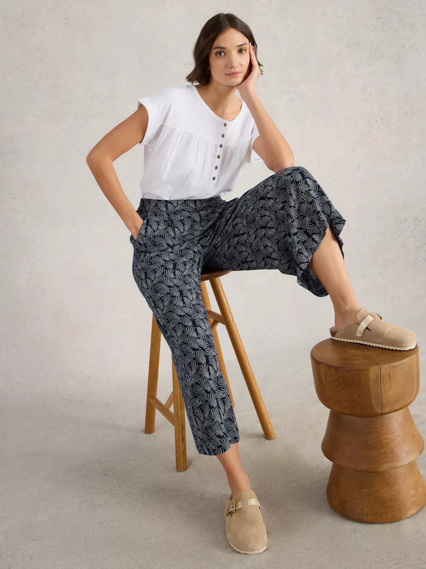 Lisette Crinkle Crop Culotte in Navy Print