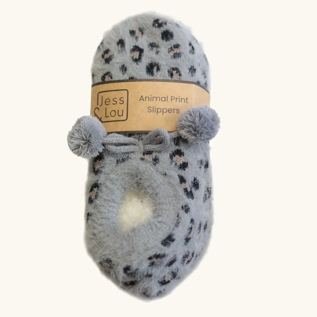 Jess & Lou Grey Leopard Print Cosy Slippers