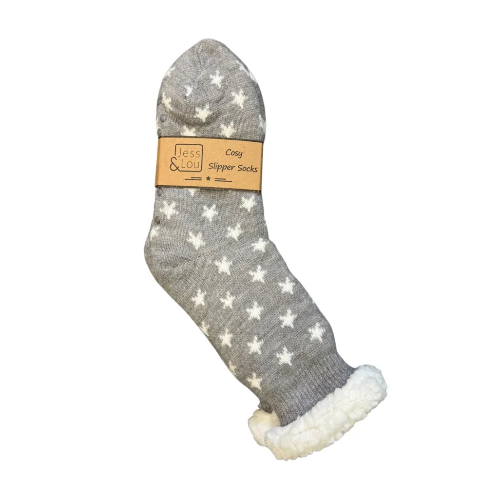Jess & Lou Grey & White Stars Cosy Slipper Socks