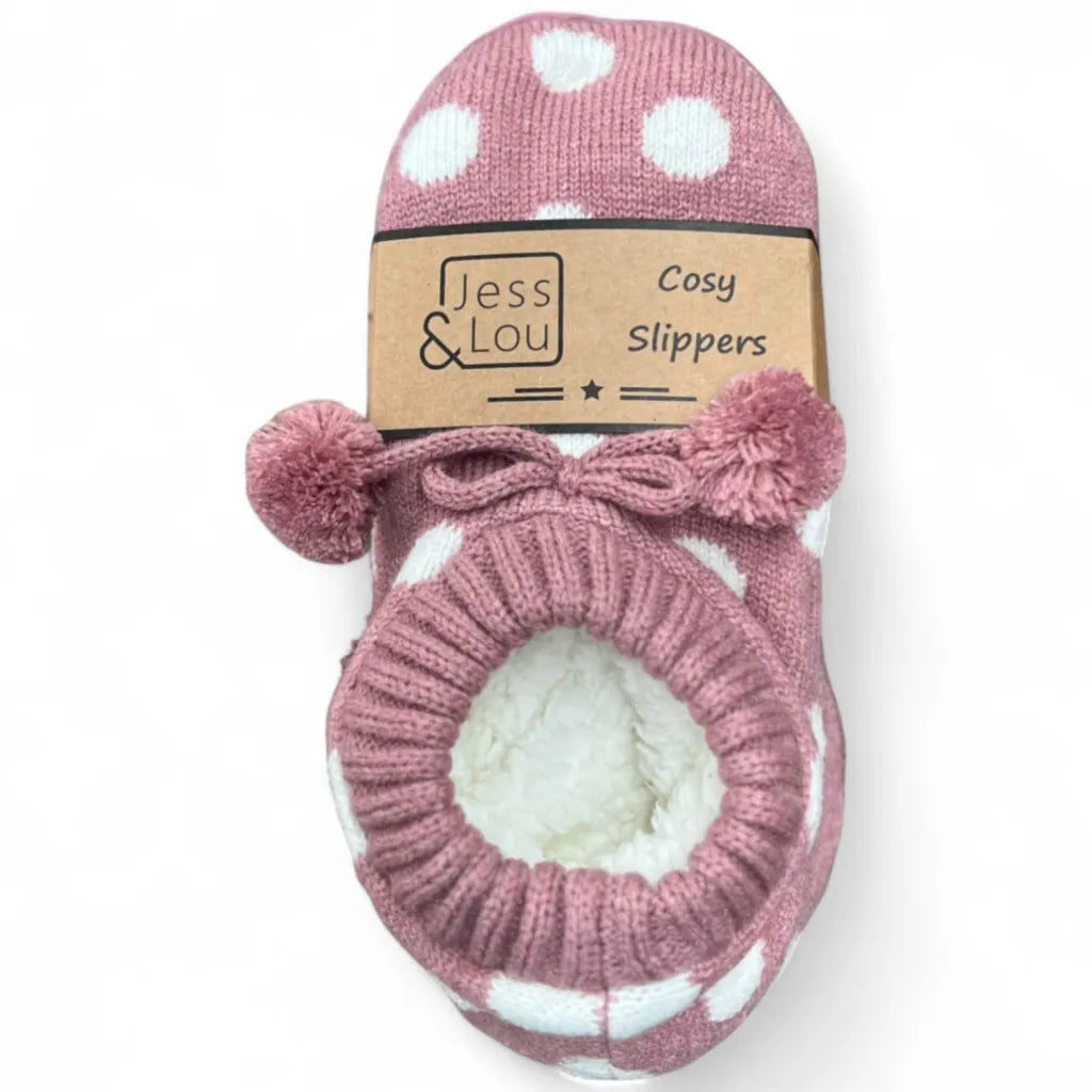 Jess & Lou Pink and White Super Cosy Spots Slippers
