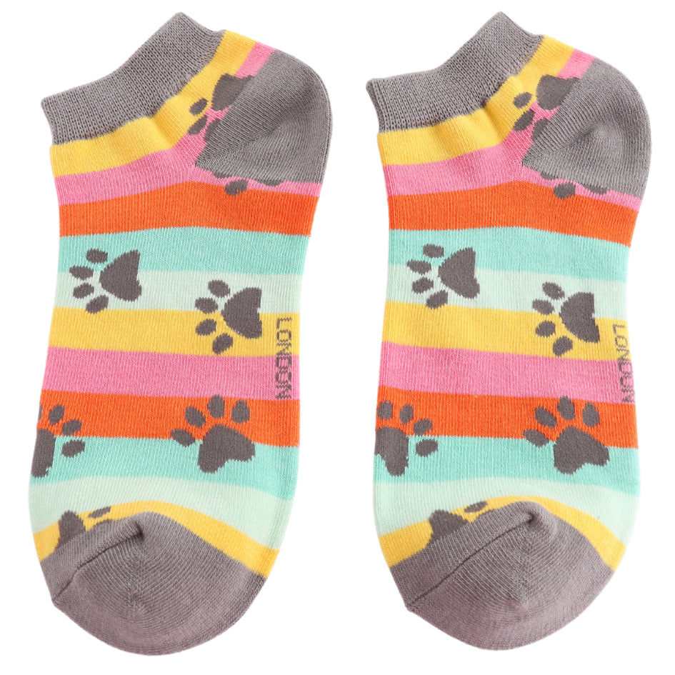 Miss Sparrow Paw Prints & Stripes Trainer Socks