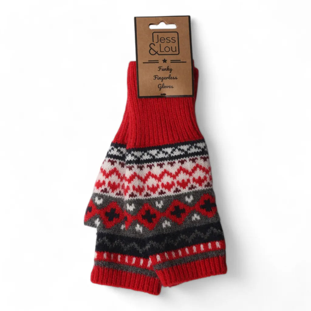 Jess & Lou Red Nordic Fingerless Gloves