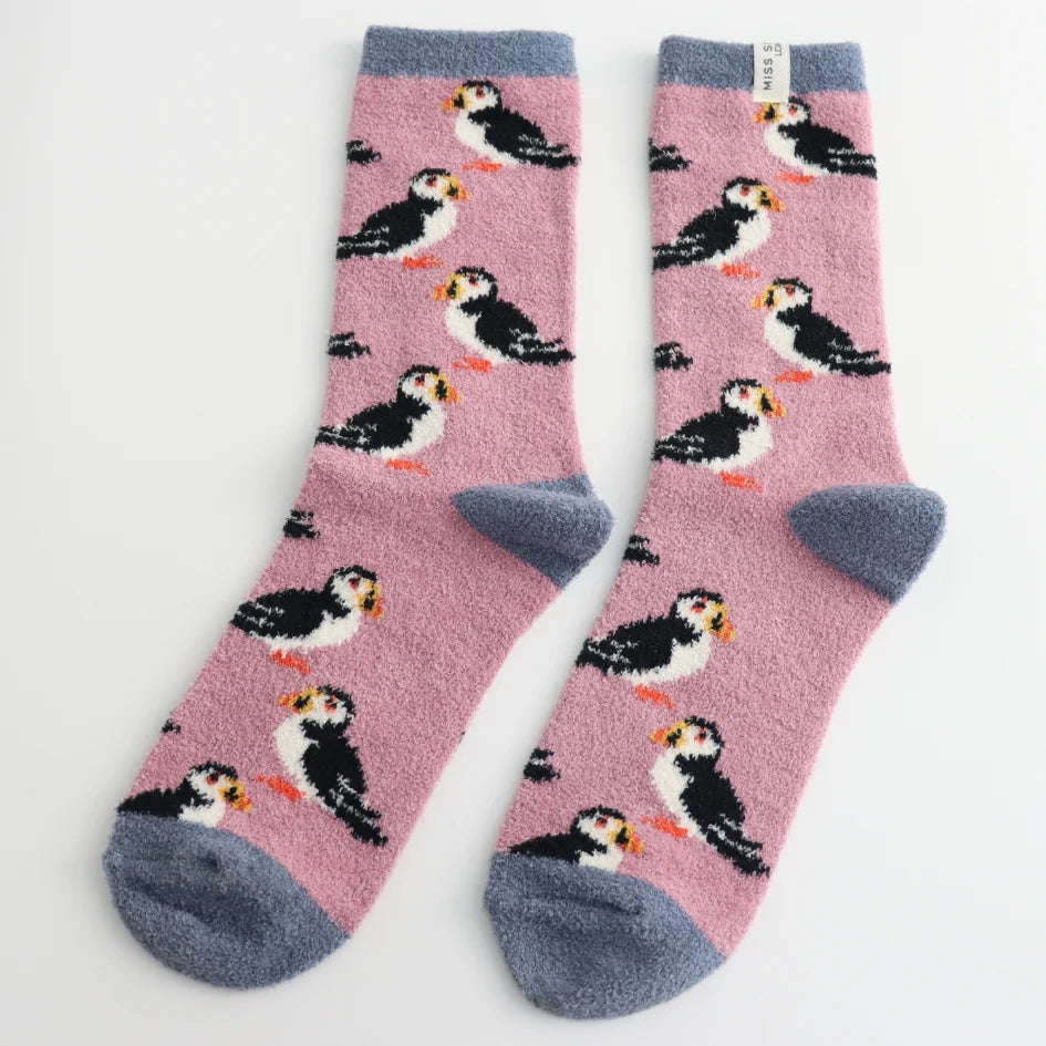 Miss Sparrow Fluffy Puffins Mauve Socks