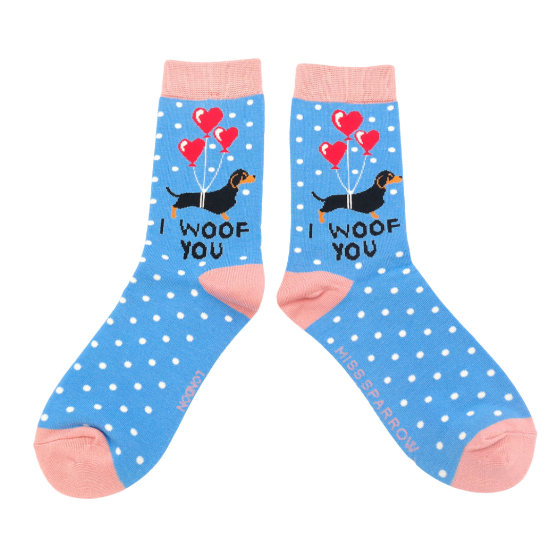 Miss Sparrow I Woof You Socks Sky