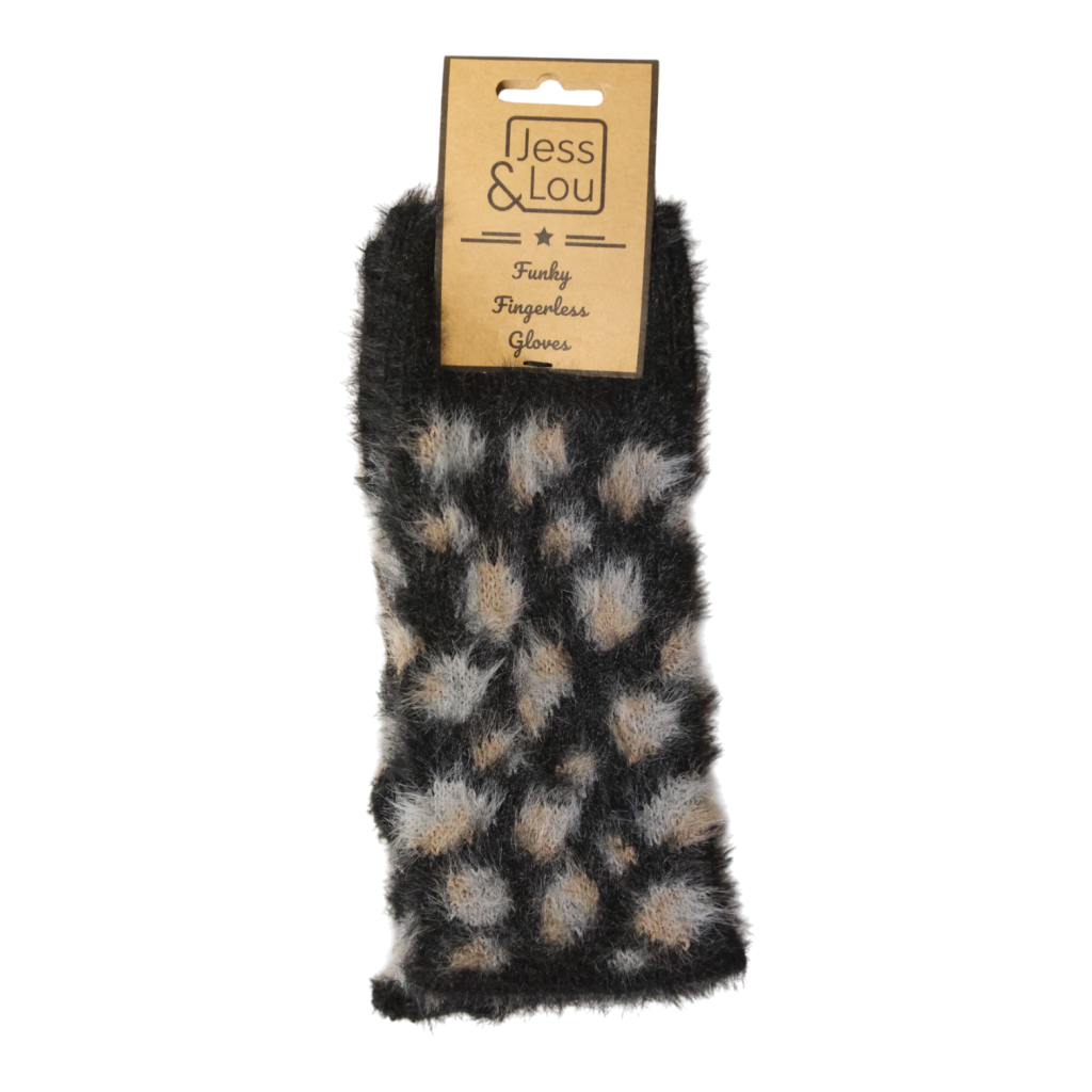 Jess & Lou Black Leopard Fluffy Knit Fingerless Gloves