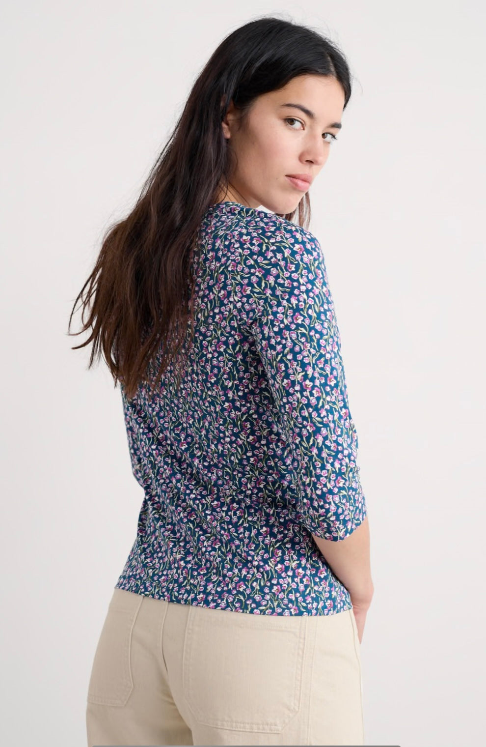 Seasalt Easel 3/4 Sleeve Top - Flax Flower Bright Orchid