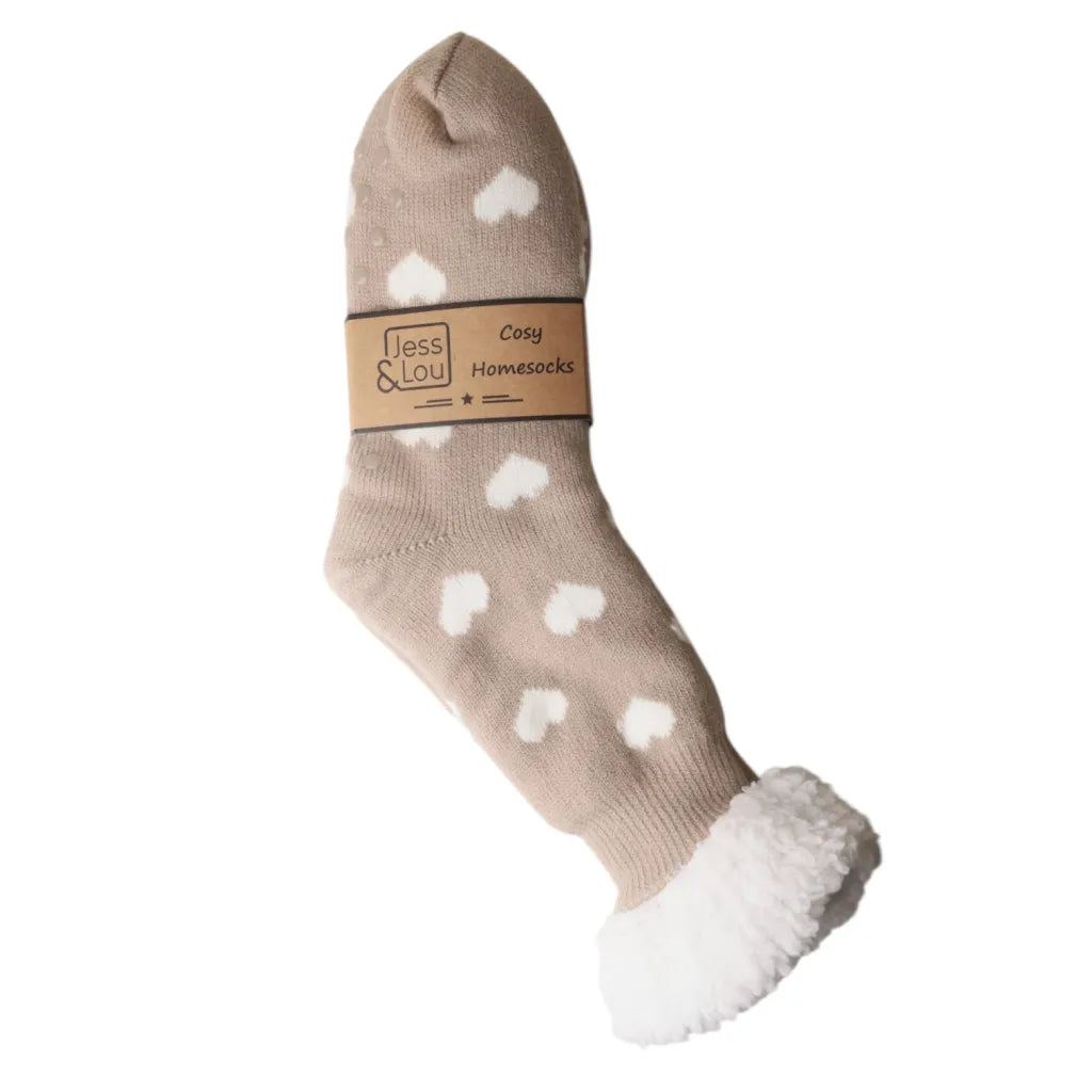 Jess & Lou Taupe & White Hearts Cosy Slipper Socks