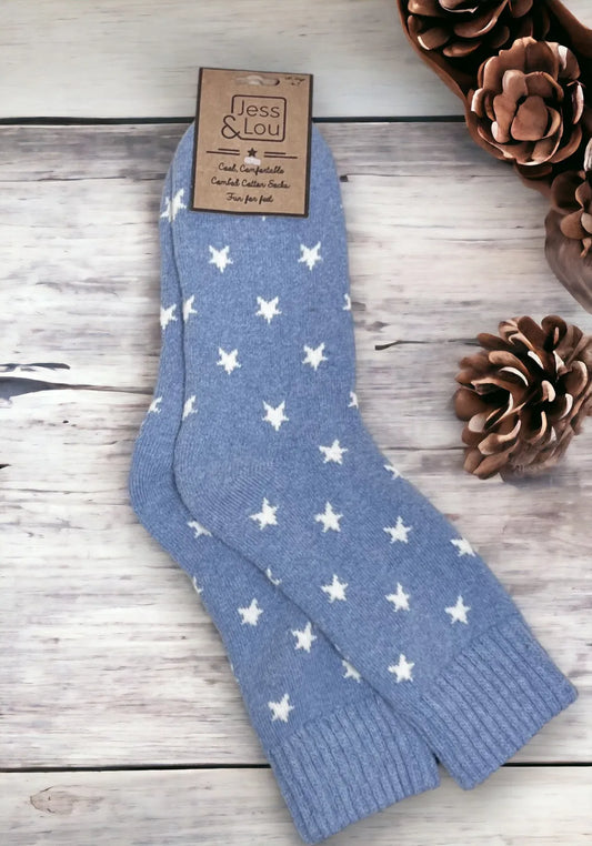 Jess & Lou Heart Stylish Stars Ribbed Cornflower Socks