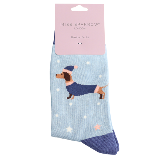 Miss Sparrow Festive Sausage Dogs Socks Powder Blue