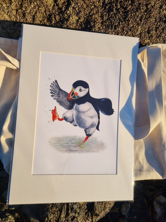 Puffin Prints “Paddlin’’ Puffin” Mounted A4 Print