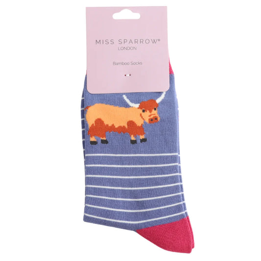 Miss Sparrow Highland Cow & Stripes Socks Denim