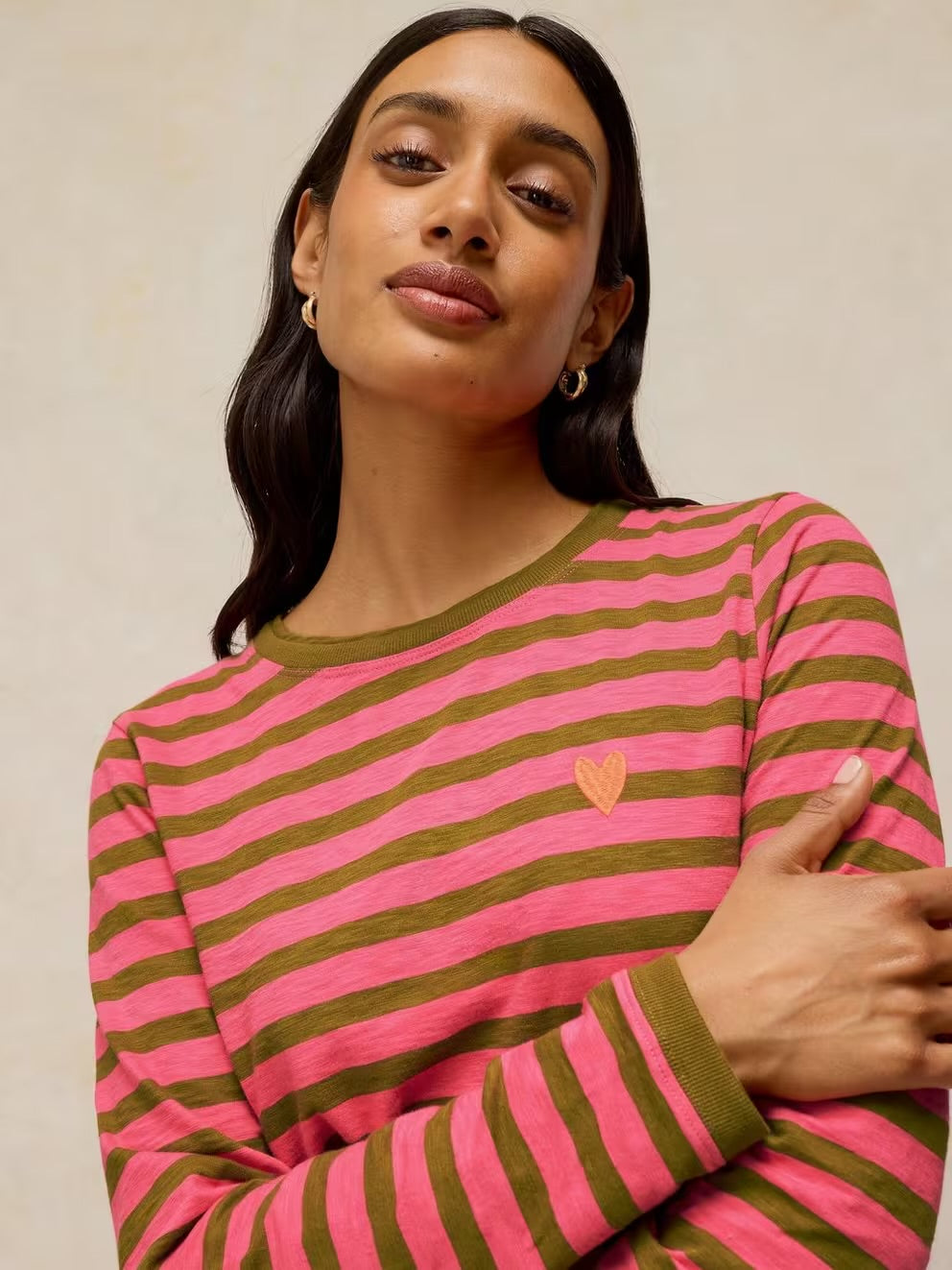White Stuff Clara Stripe Embroidered Tee Pink