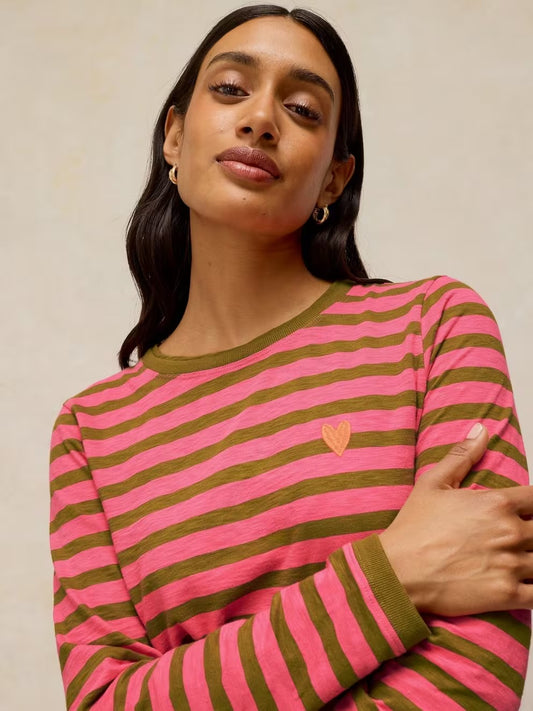 White Stuff Clara Stripe Embroidered Tee Pink