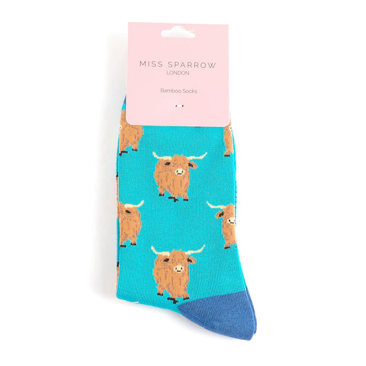 Miss Sparrow Highland Herd Socks Turquoise