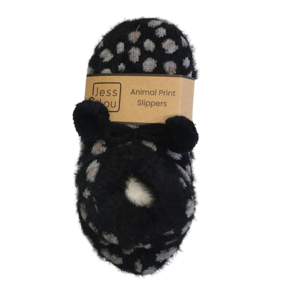 Jess & Lou Black Animal Print Cosy Slippers