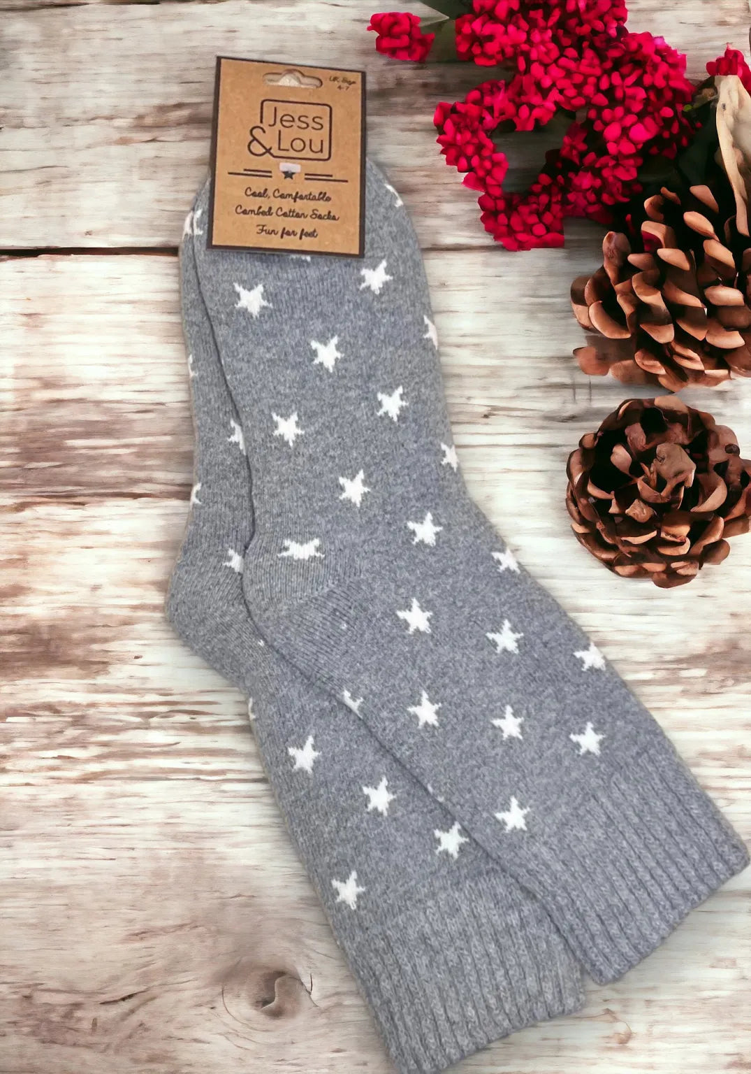 Jess & Lou Heart Stylish Stars Ribbed Black Socks