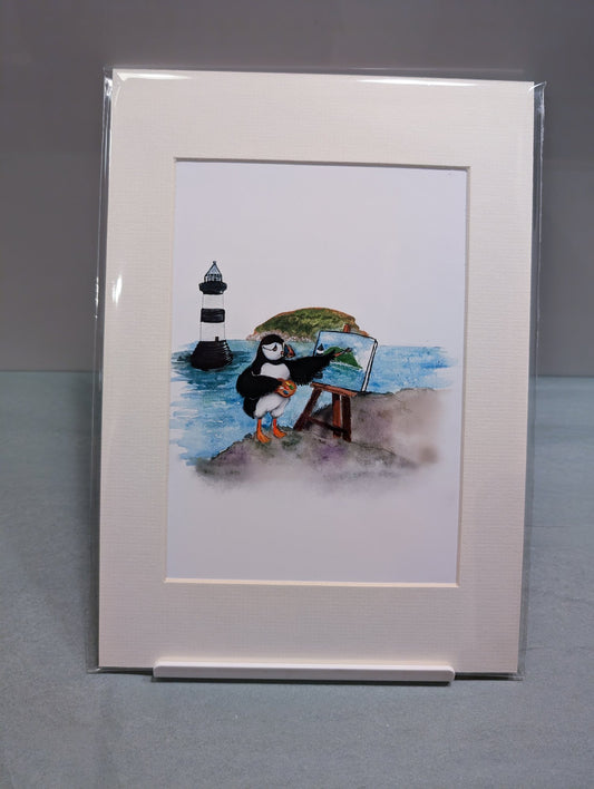 Puffin Prints “Paintin’ Puffin” Mounted A4 Print