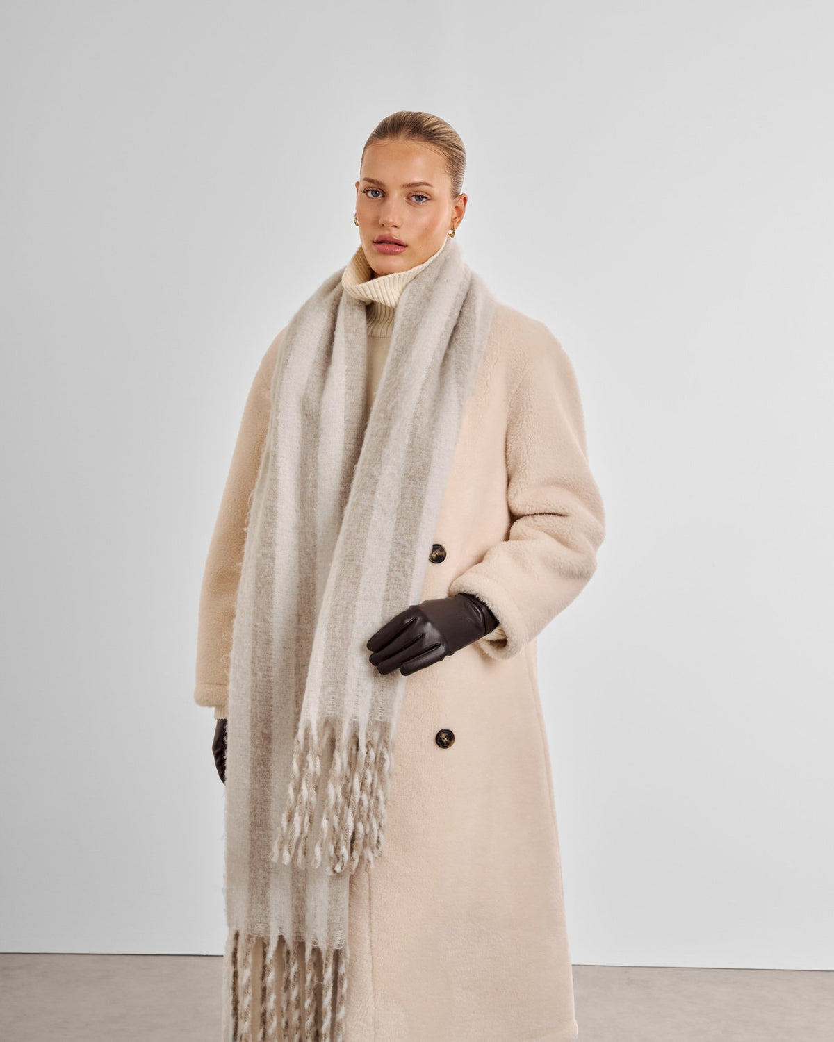 Katie Loxton Recycled Stripe Tassel Scarf in Blush Sand and Off White