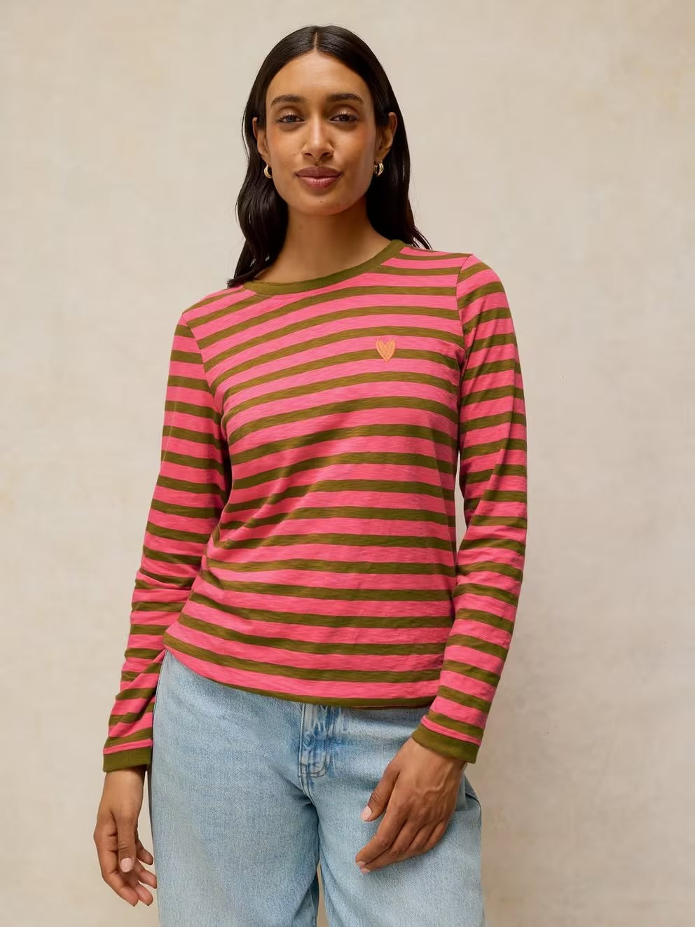 White Stuff Clara Stripe Embroidered Tee Pink