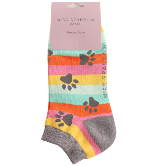 Miss Sparrow Paw Prints & Stripes Trainer Socks