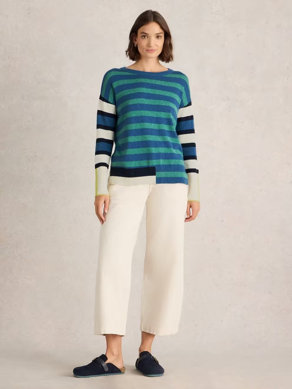 White Stuff Olive Stripe Crew Neck Jumper