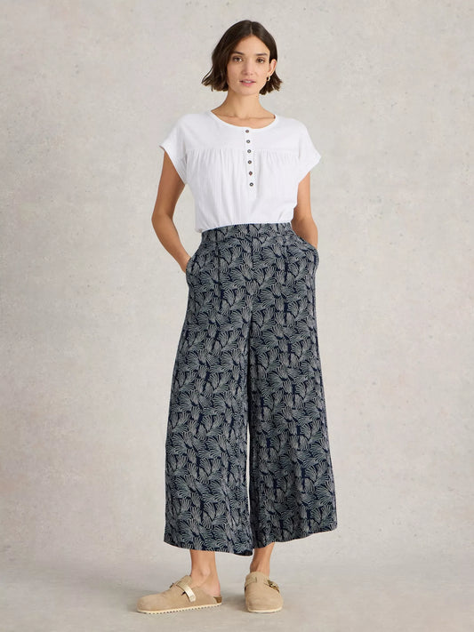 Lisette Crinkle Crop Culotte in Navy Print