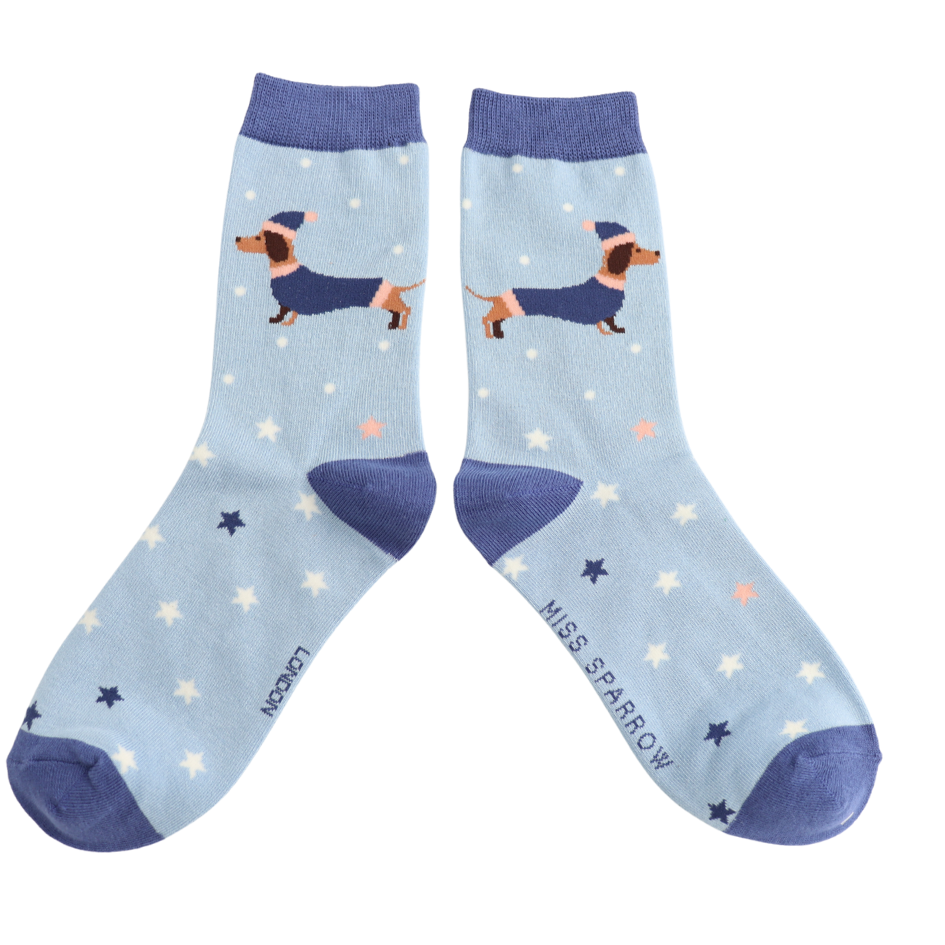 Miss Sparrow Festive Sausage Dogs Socks Powder Blue