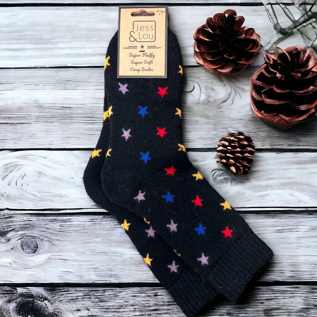 Jess & Lou Heart Stylish Stars Ribbed Black Socks