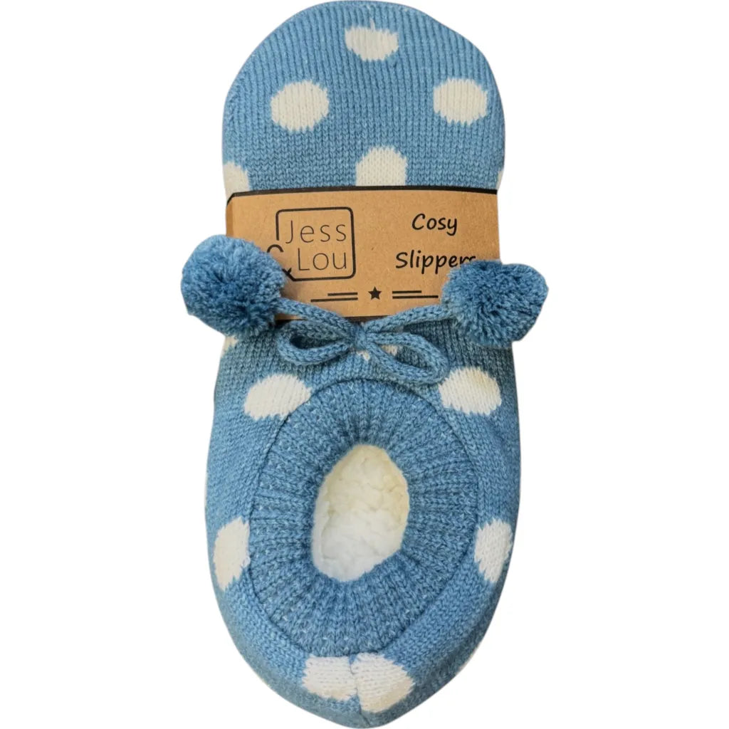 Jess & Lou Cornflower and White Super Cosy Spots Slippers