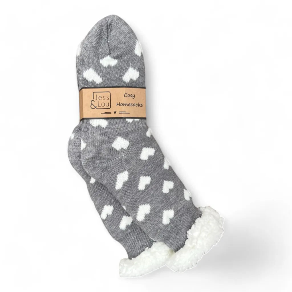Jess & Lou Grey & White Hearts Cosy Slipper Socks