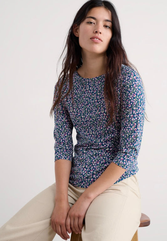 Seasalt Easel 3/4 Sleeve Top - Flax Flower Bright Orchid