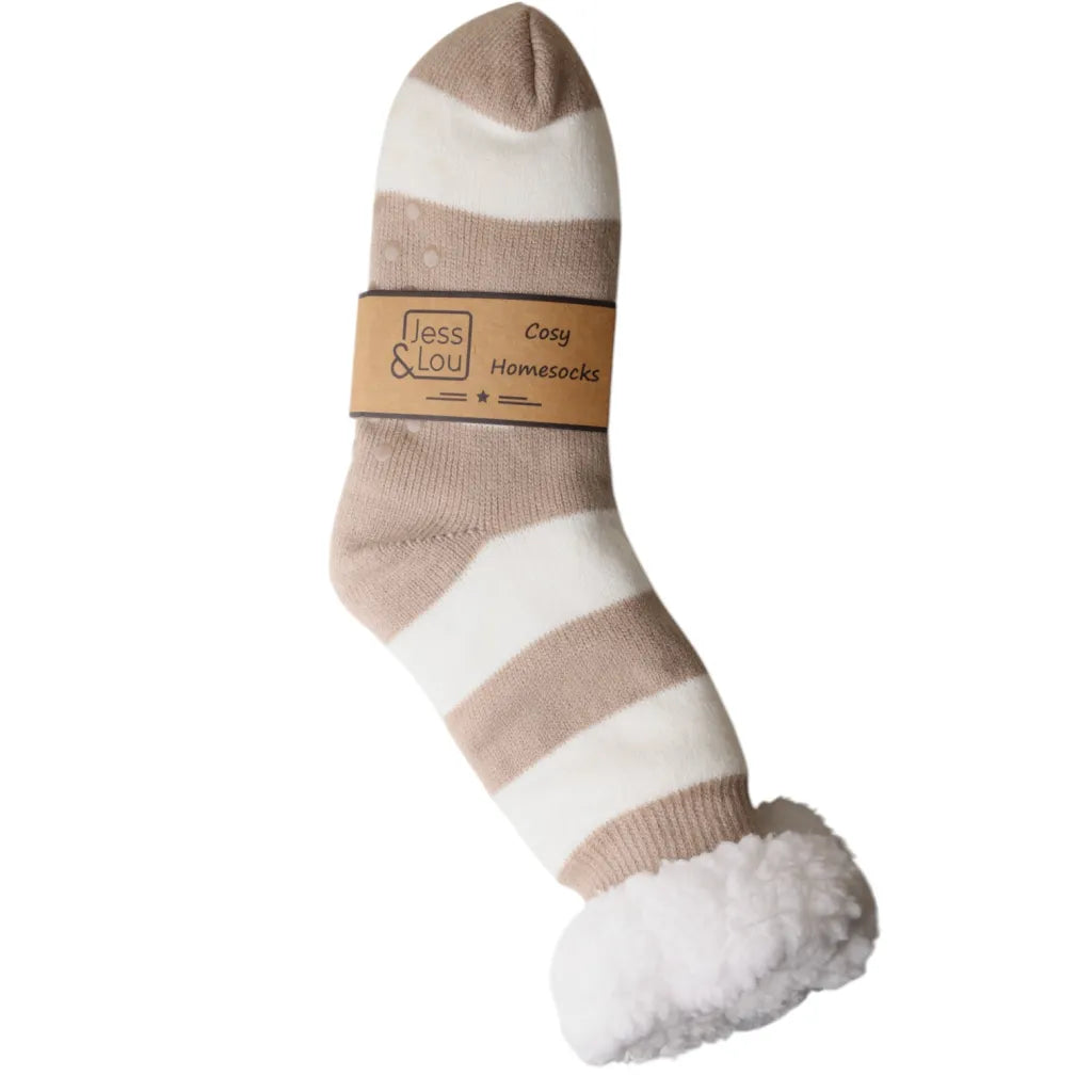 Jess & Lou Taupe & White Stripe Cosy Slipper Socks