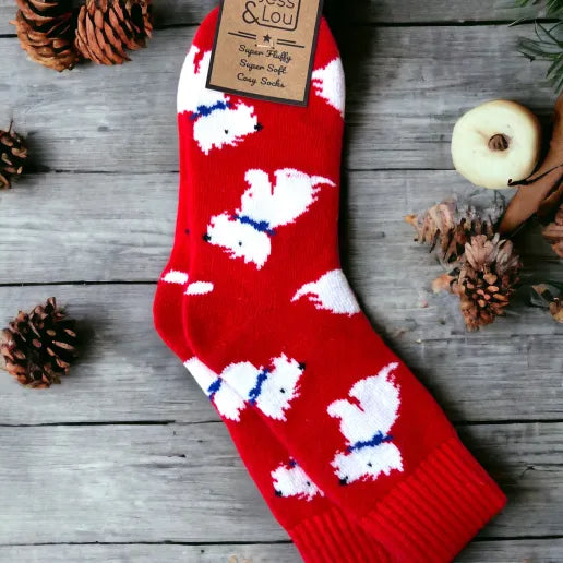 Jess & Lou Westie Red Ribbed Socks