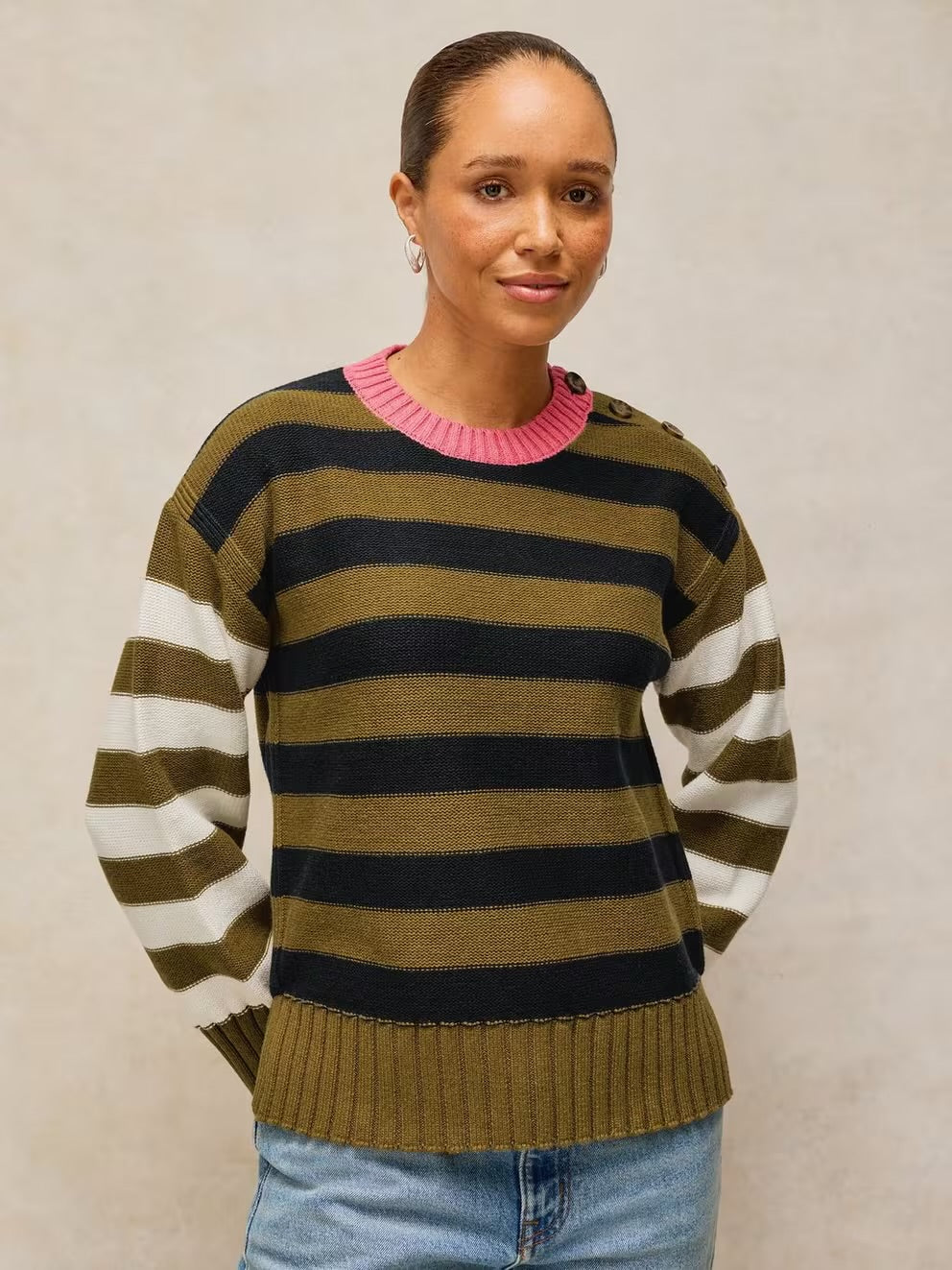 White Stuff Bea Button Cotton Jumper Green