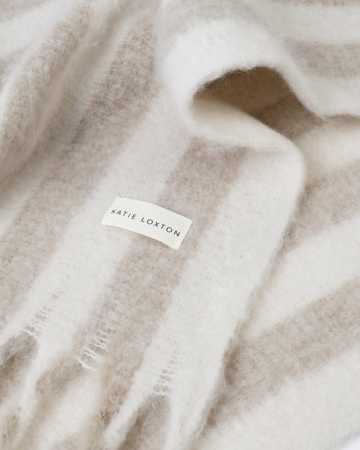 Katie Loxton Recycled Stripe Tassel Scarf in Blush Sand and Off White