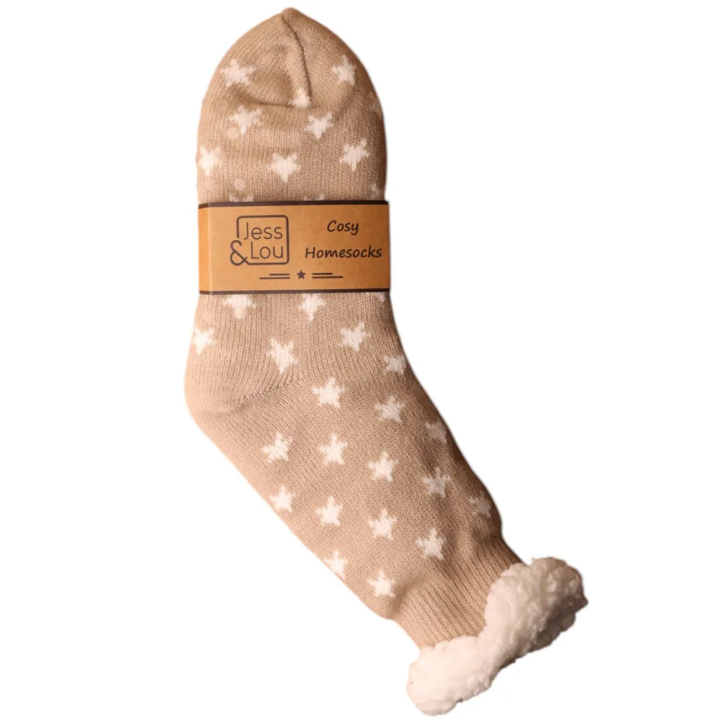 Jess & Lou Taupe & White Stars Cosy Slipper Socks