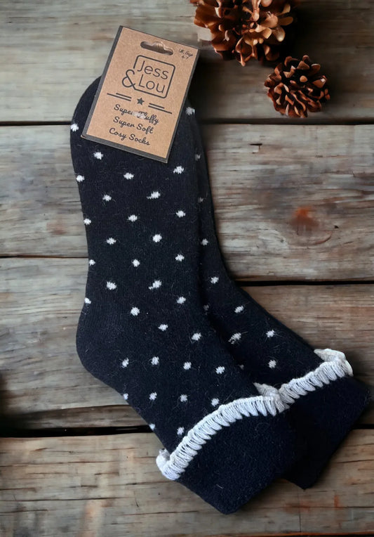 Jess & Lou Heart Super Cosy Black Dotty Cuff Socks