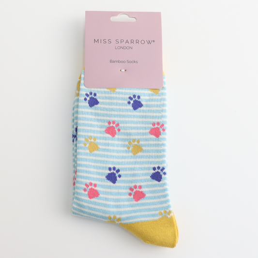 Miss Sparrow Paws & Stripes Socks Light Blue