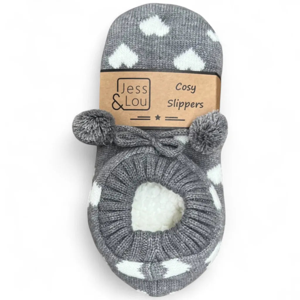 Jess & Lou Grey & White Hearts Super Cosy Slippers