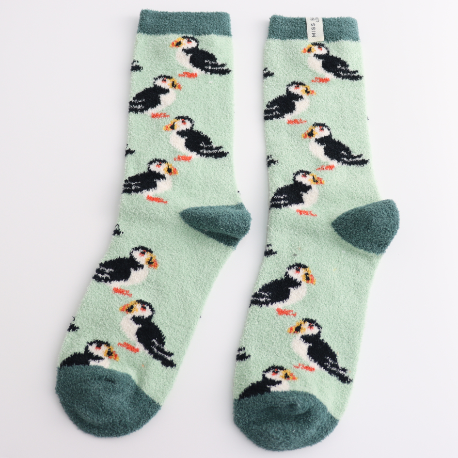 Miss Sparrow Fluffy Puffins Mint Socks
