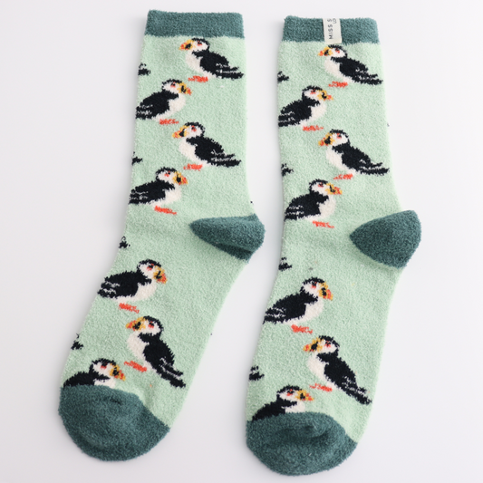 Miss Sparrow Fluffy Puffins Mint Socks