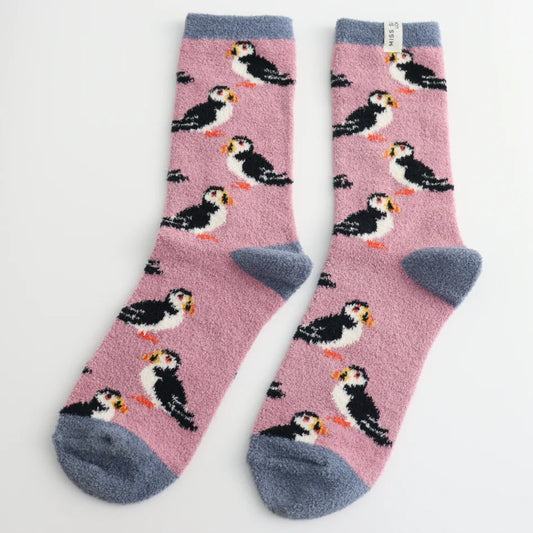 Miss Sparrow Fluffy Puffins Mauve Socks