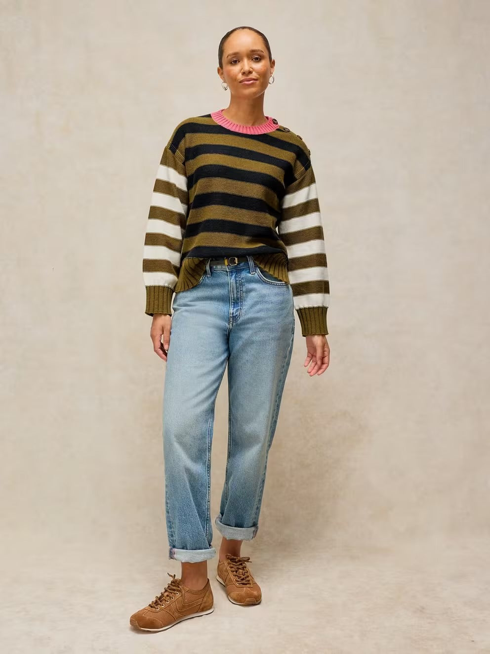 White Stuff Bea Button Cotton Jumper Green