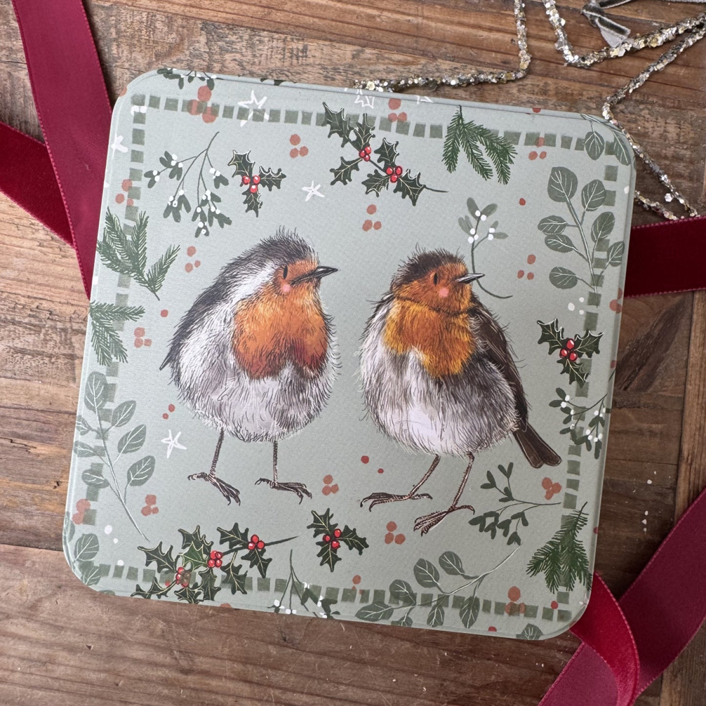 Alex Clark Christmas Robins Large Square Tin