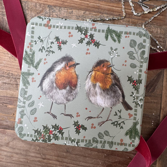Alex Clark Christmas Robins Large Square Tin