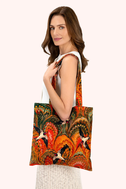 Powder Velvet Tote Bag Marbled Swallows